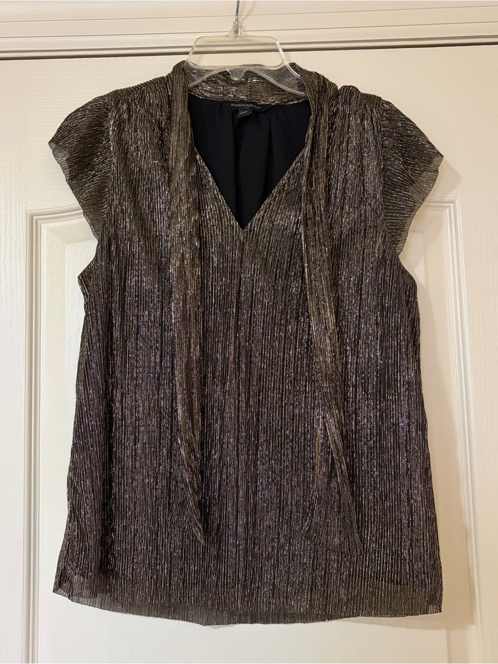 Banana Republic Metallic Pleated Tie Neck Blouse